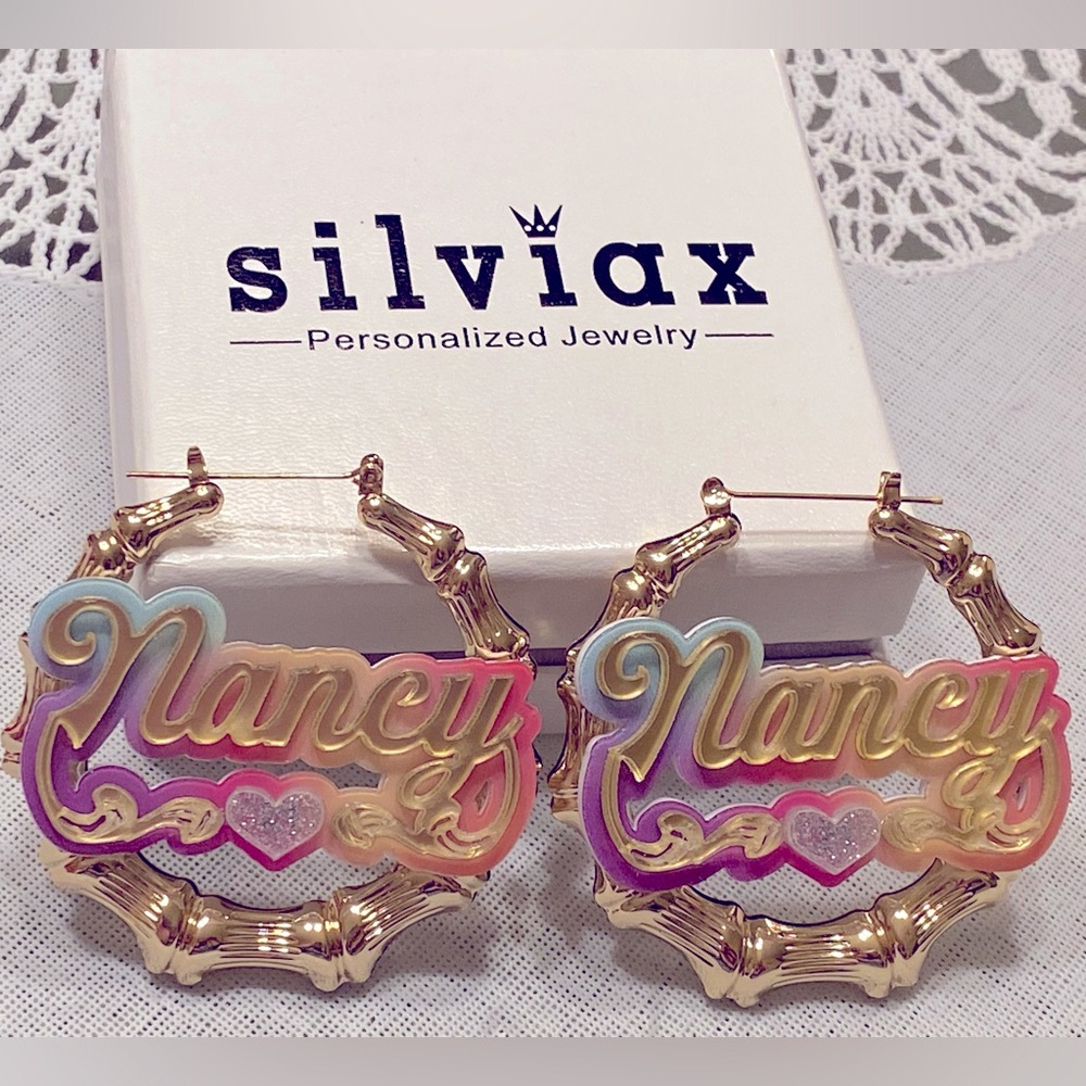 XLarge Custom Personalized Name Bamboo Hoop Earrings